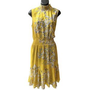 Nanette Lepore Sleeveless Smocked Neck Yellow Floral Tier Dress Women’s 10
